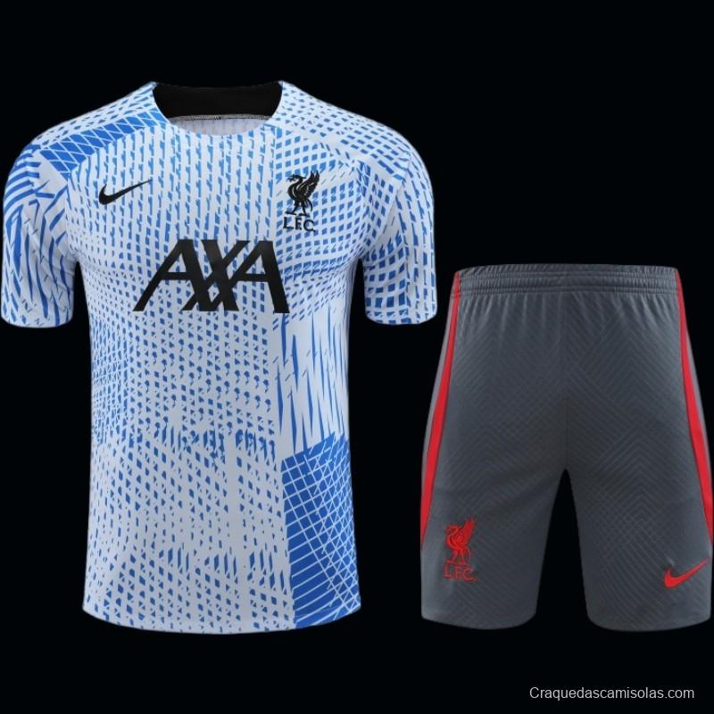 23-24 Liverpool White/Blue Grid Short Sleeve+Shorts